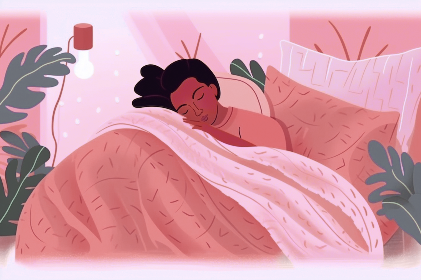 A woman is sleeping under a pink sheet which covers her body, and there are some leaves in the room