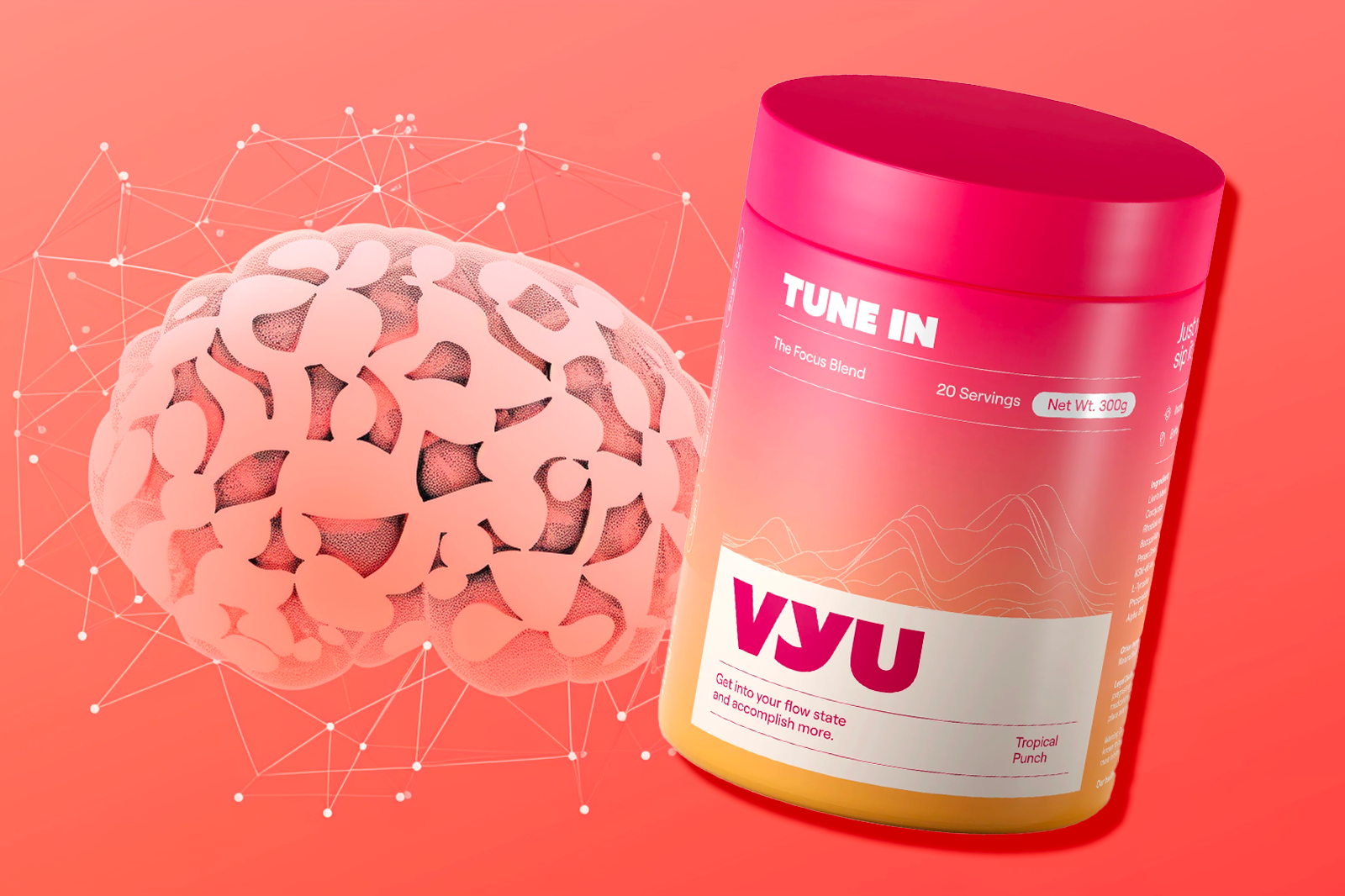 A container of VYU TUNE IN with Tropical Punch flavor placed against a peach-colored background, featuring an image of the brain inside