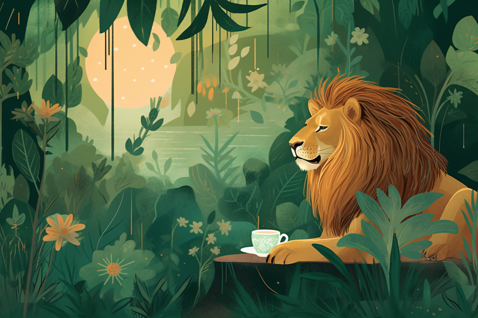A painting of a lion sitting in the jungle with a cup and plate in front of it