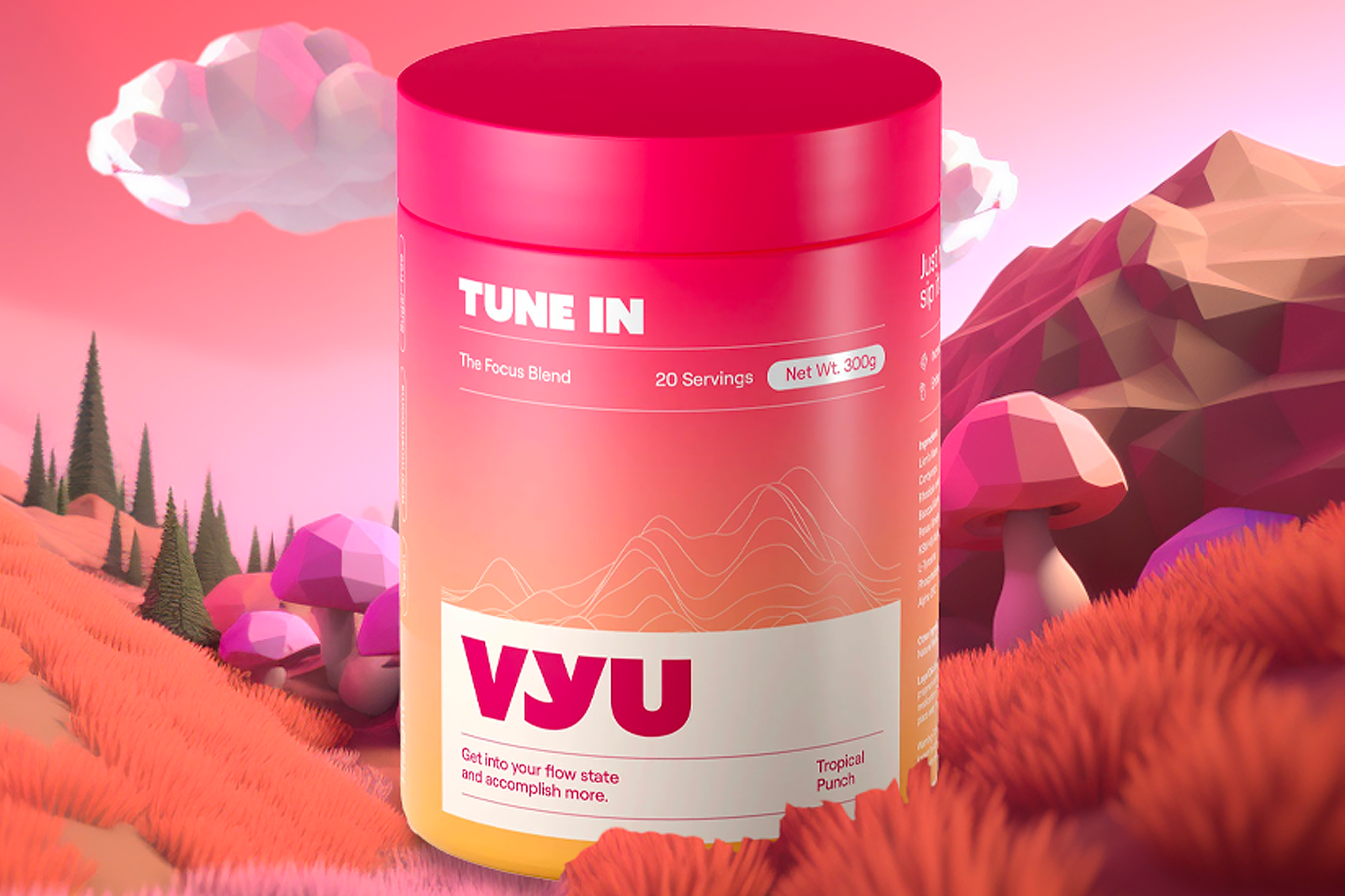 A container of VYU TUNE IN in Tropical Punch flavor is placed on a road with mountains and some trees in the background
