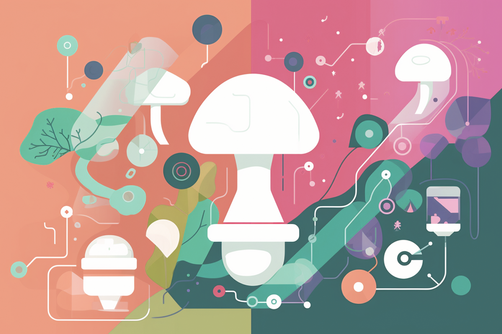 An illustration of a large mushroom surrounded by several small mushrooms against a vibrant, colorful background