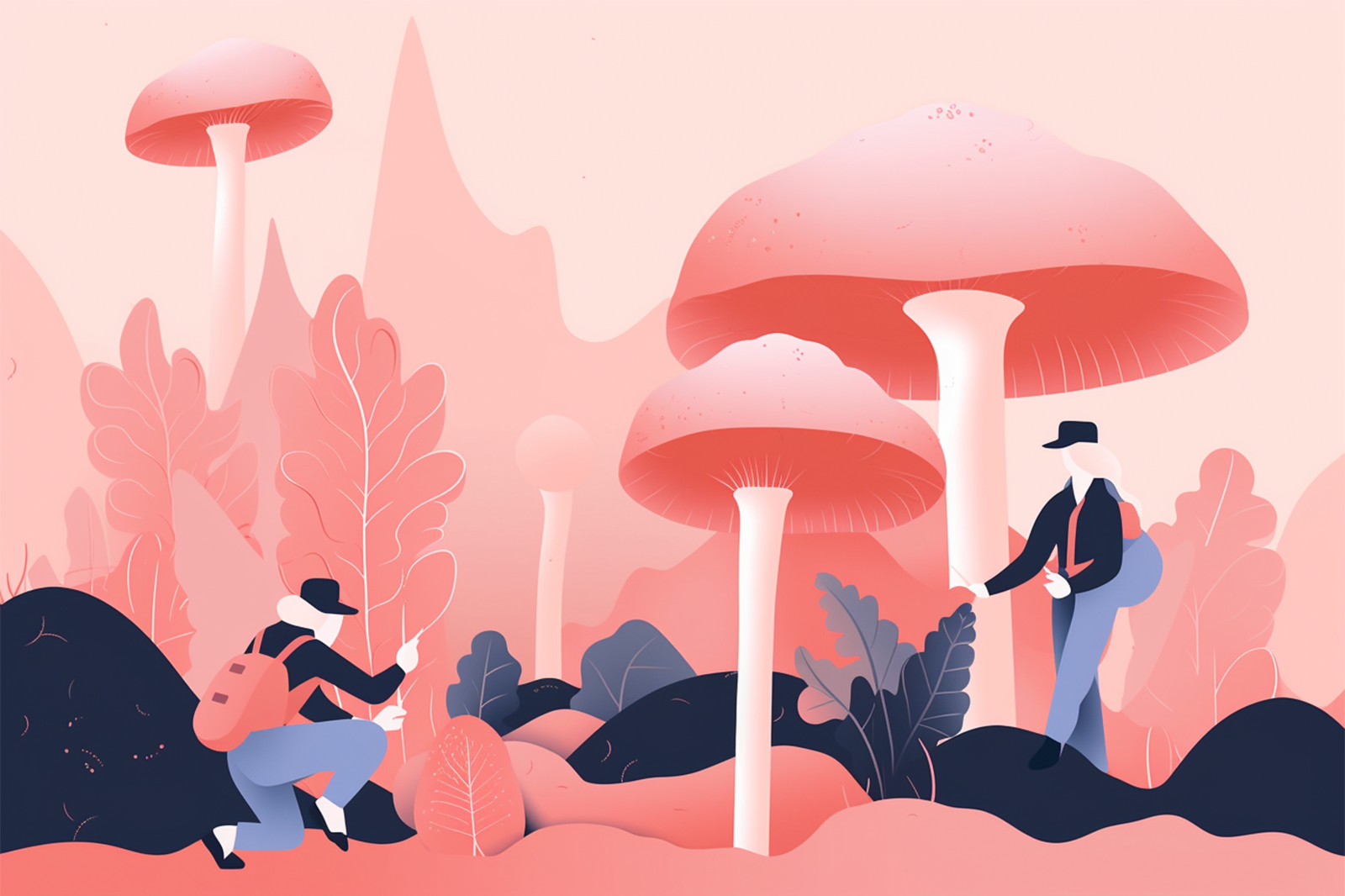 Illustration of women waling around a field of mushrooms.