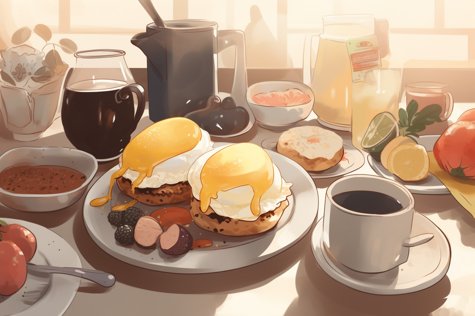 Assorted fruits, egg bread, tea, coffee, drinks, and berries on a table