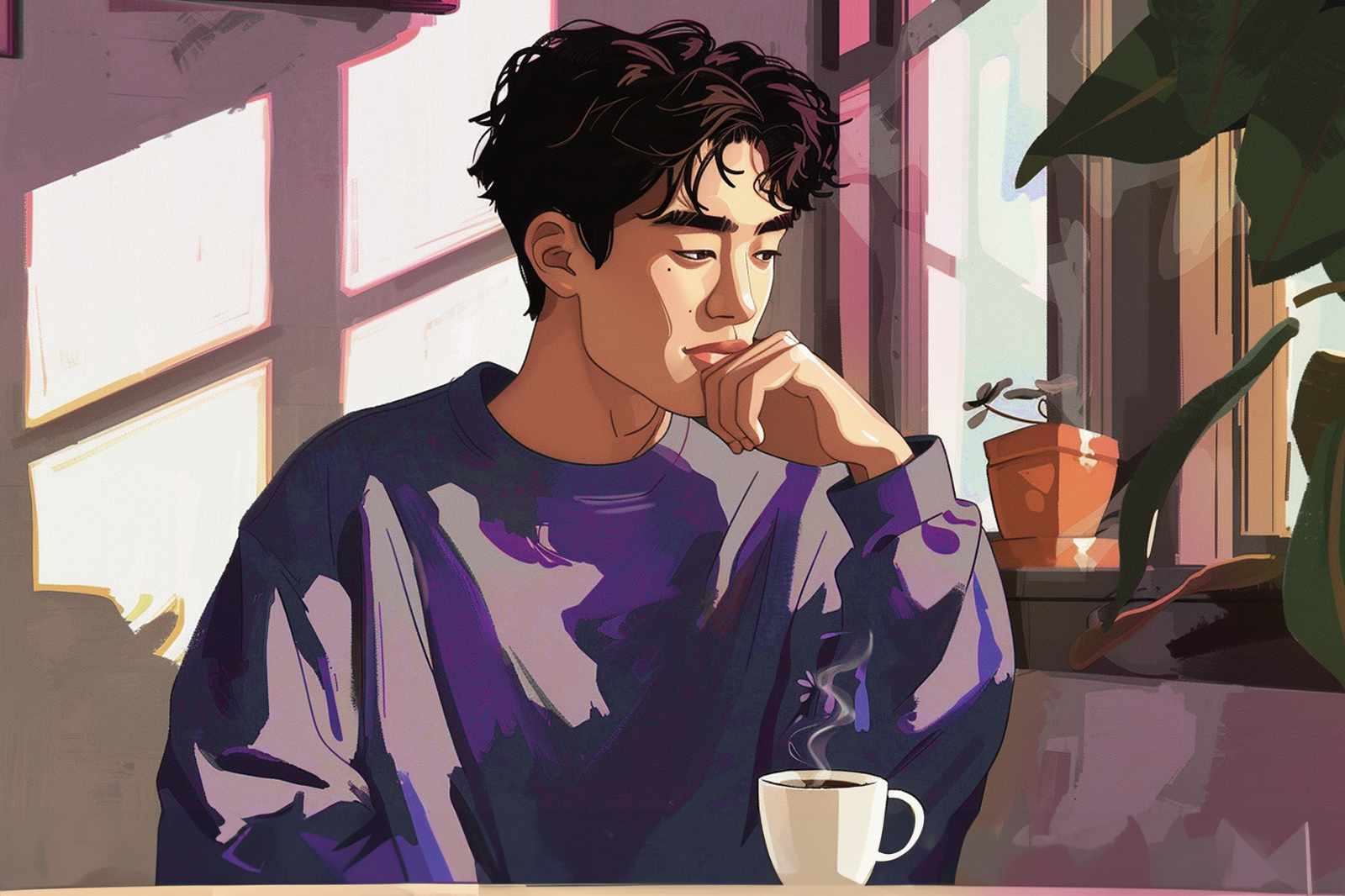 A worried boy sits in his room with a cup of tea in front of him, contemplating his thoughts