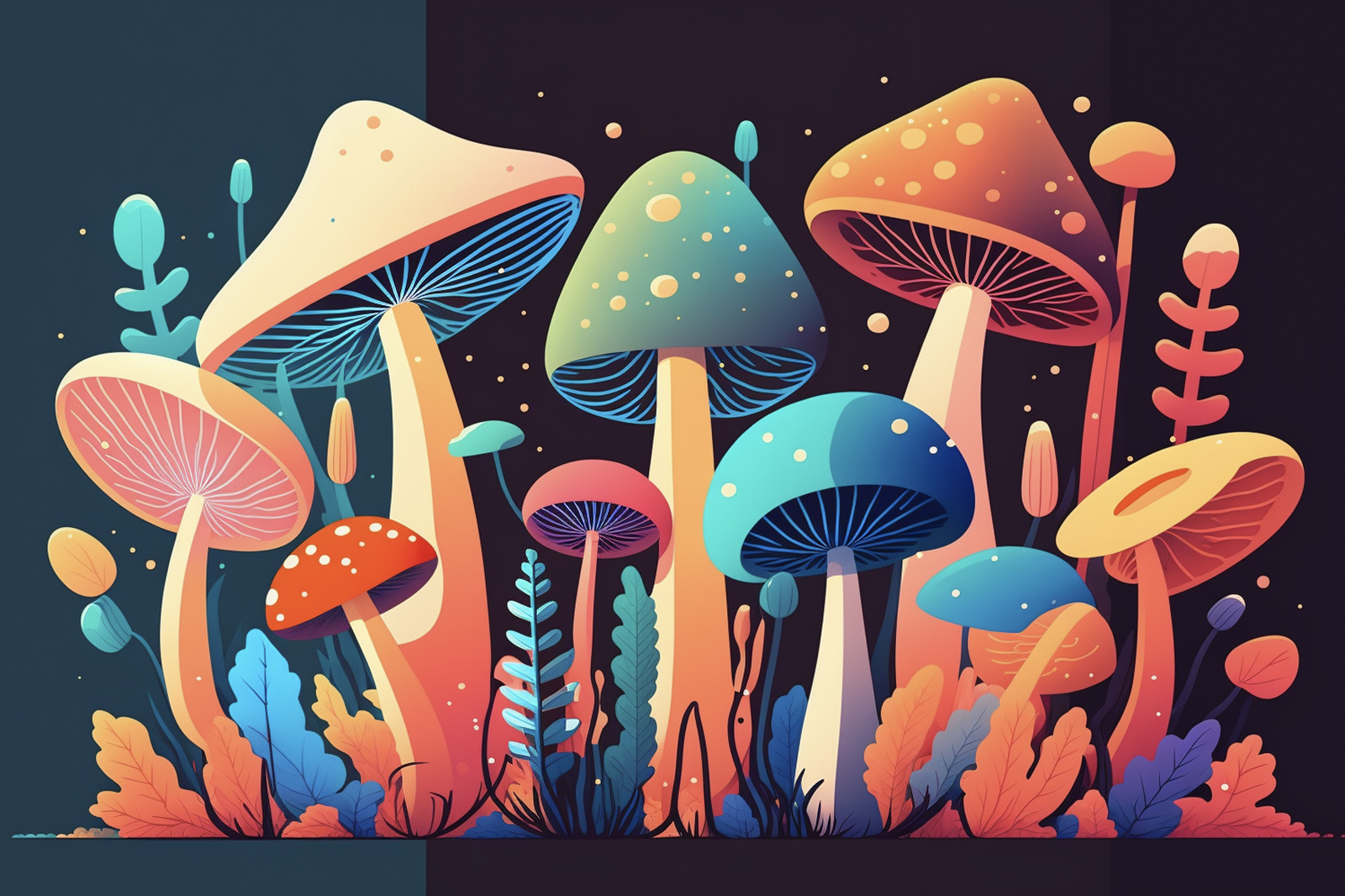 a group of colourfull mushrooms that are standing in the grass