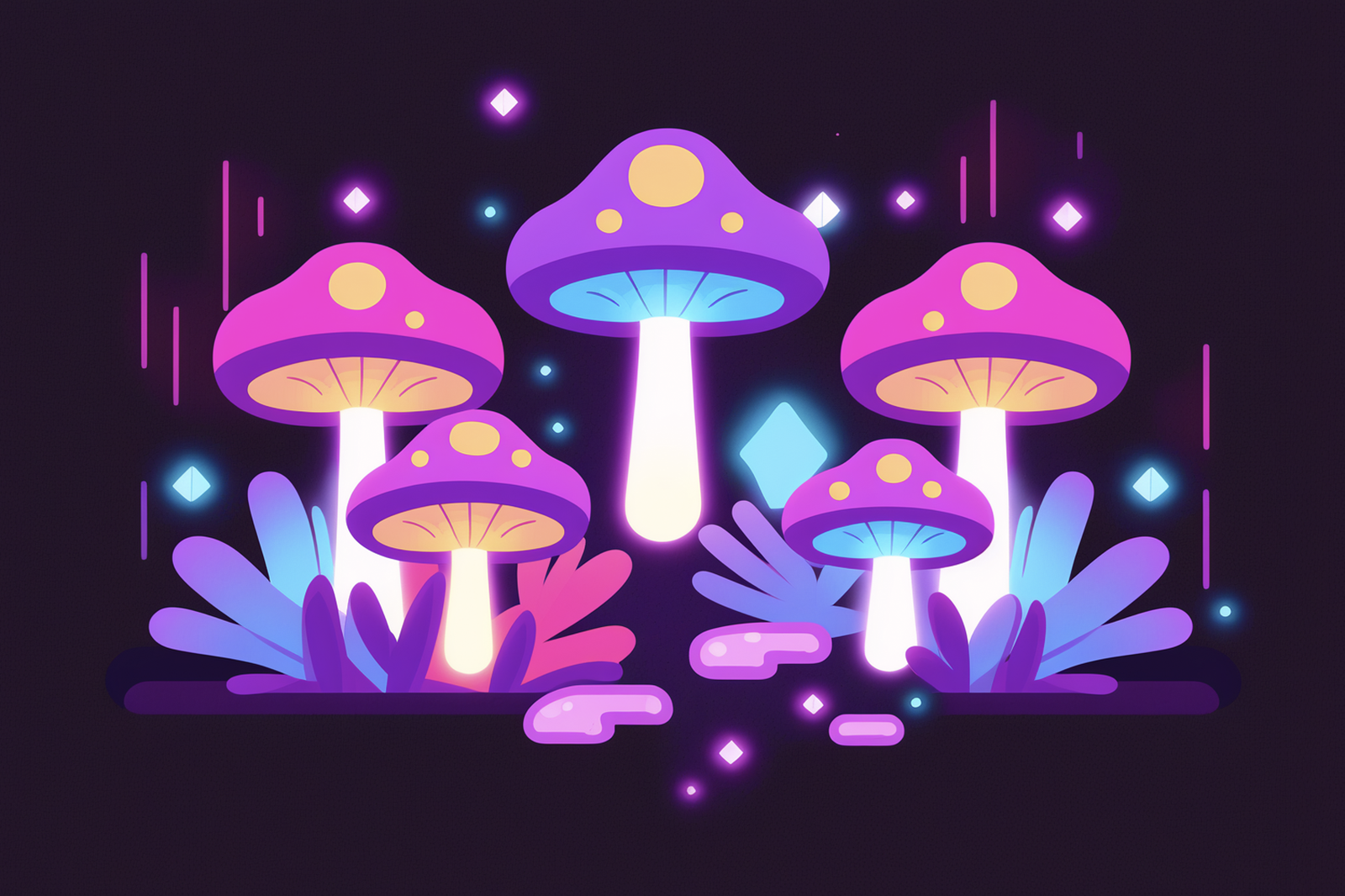 Multicolor, illustrated, illuminated mushrooms with bushes against a dark violet backdrop