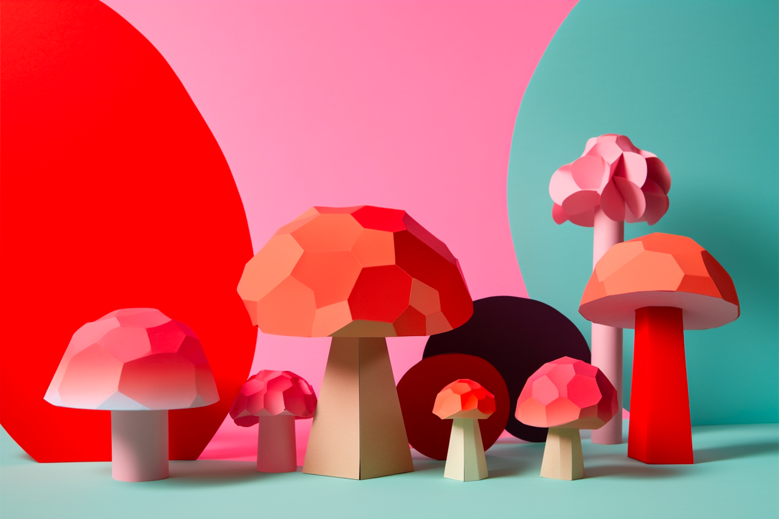 Some colorful papercraft mushrooms are placed on a white surface, with a multicolored background