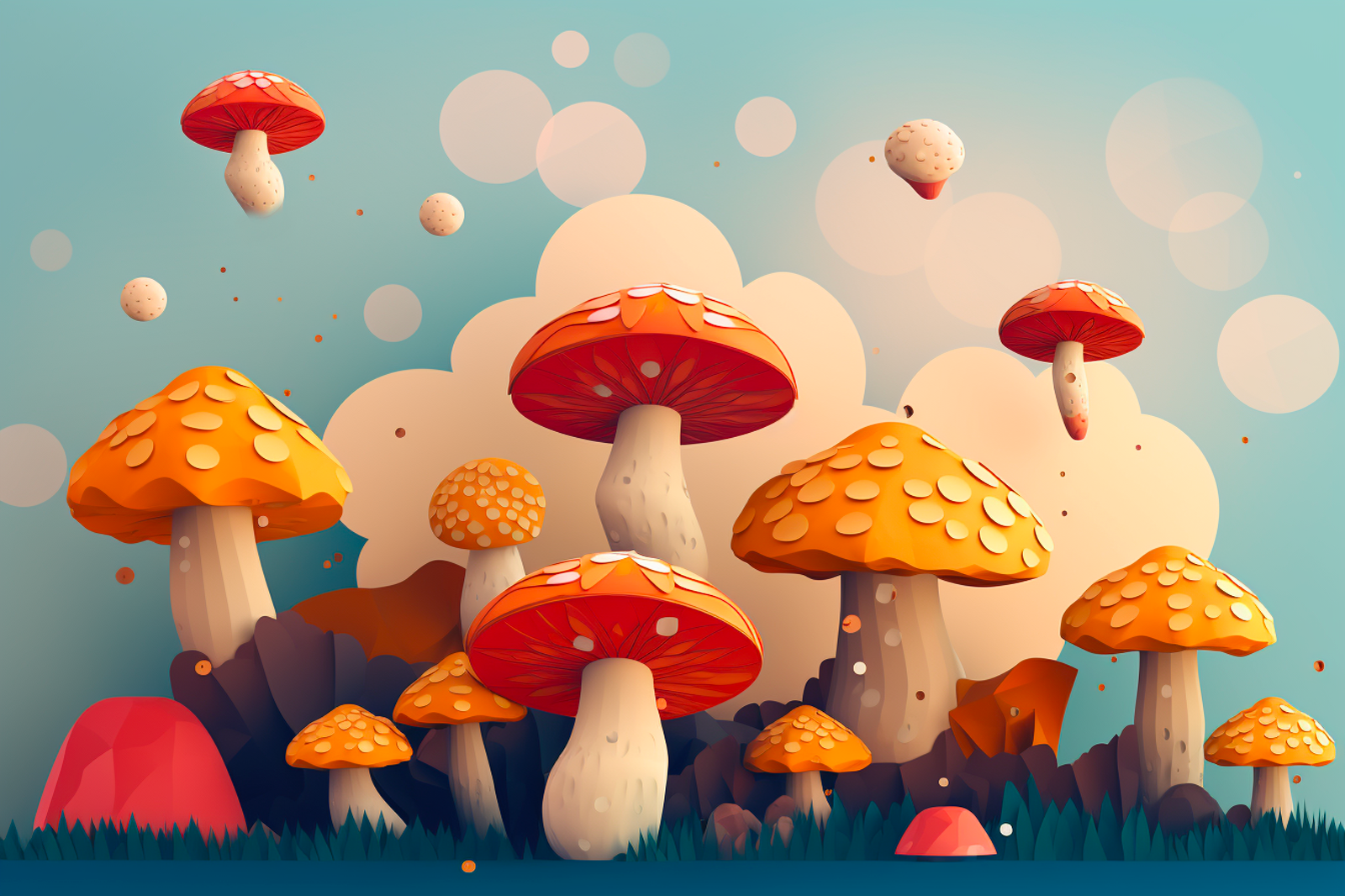 Enchanting assortment of mushrooms on a lush green field under a serene blue sky with fluffy white clouds