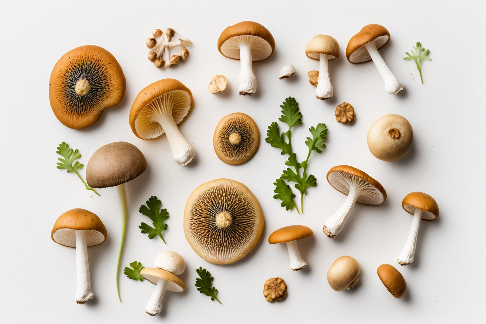 Different types of Mushrooms placed on a white table