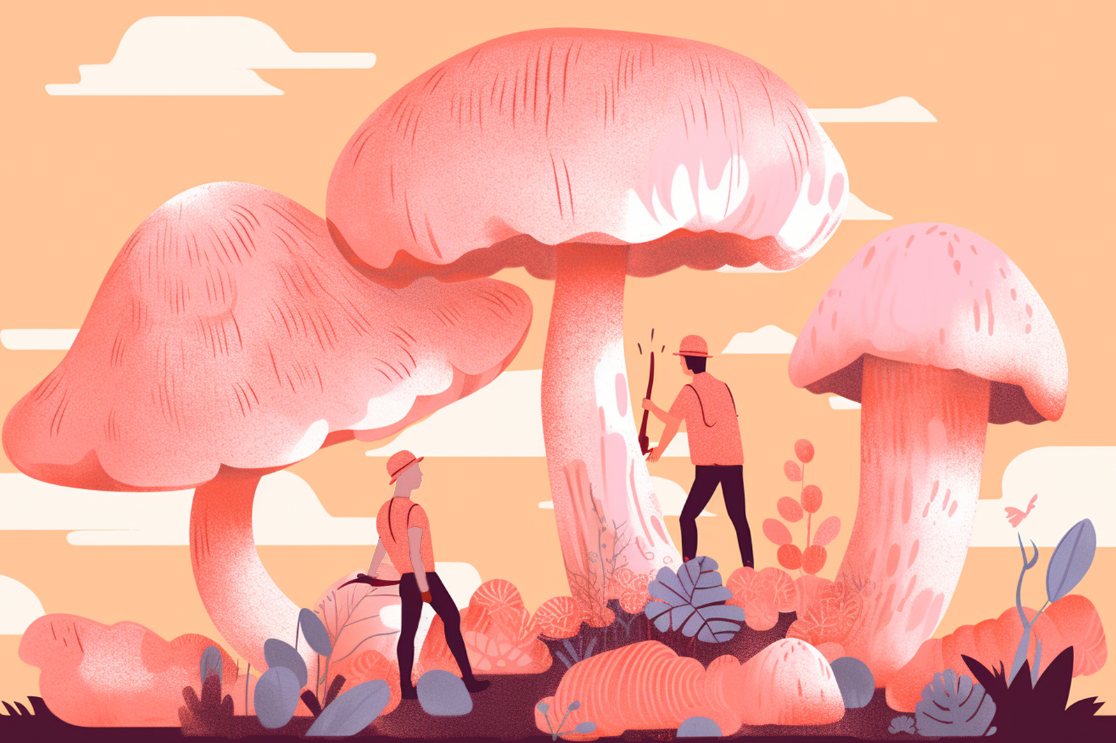 Three big pink mushrooms, a man cutting one, another standing beside, with peach background in a fantasy scene
