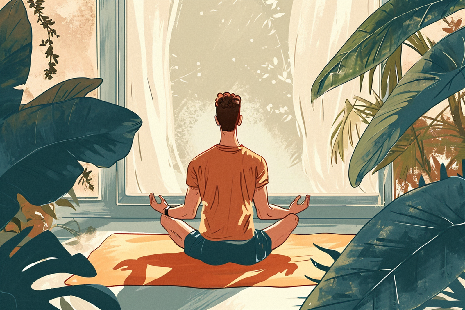 A man is practicing yoga for relaxation in his room, surrounded by green trees