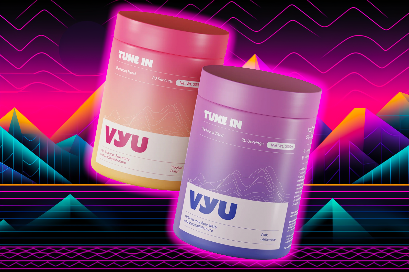 Two VYU TUNE IN 300g containers, red with tropical punch and purple with pink lemonade flavor, on a colorful background