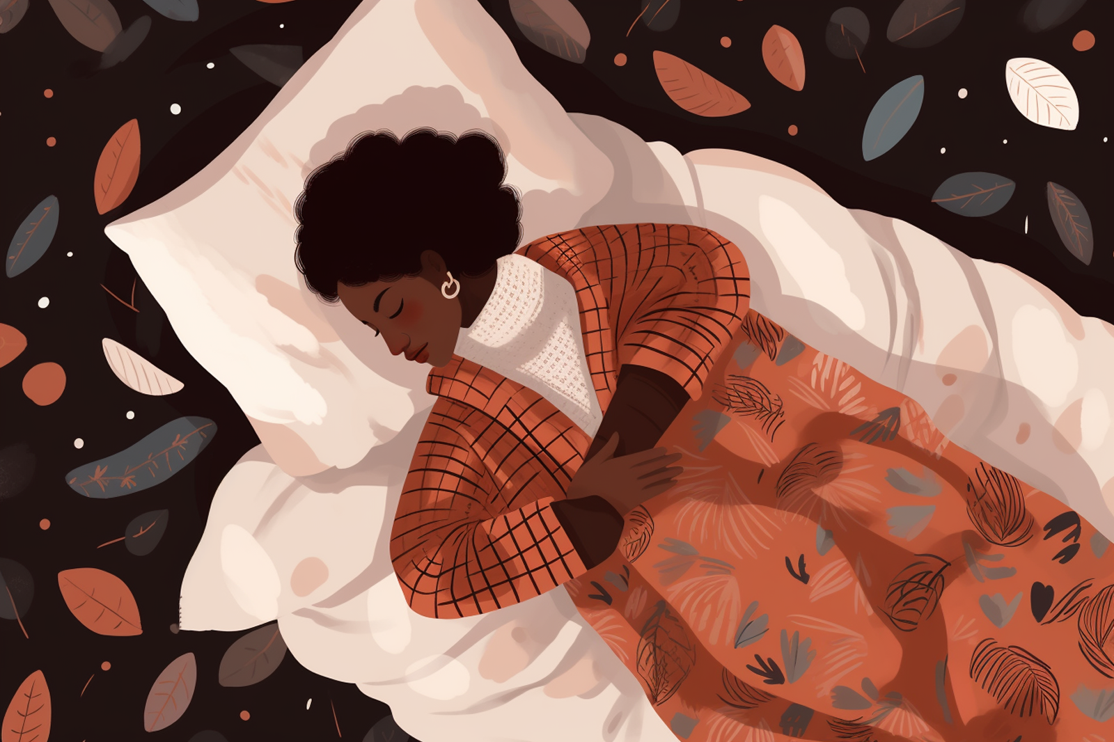 A lady peacefully asleep on a bed, covered with a blanket, against a chocolate background with tree leaves
