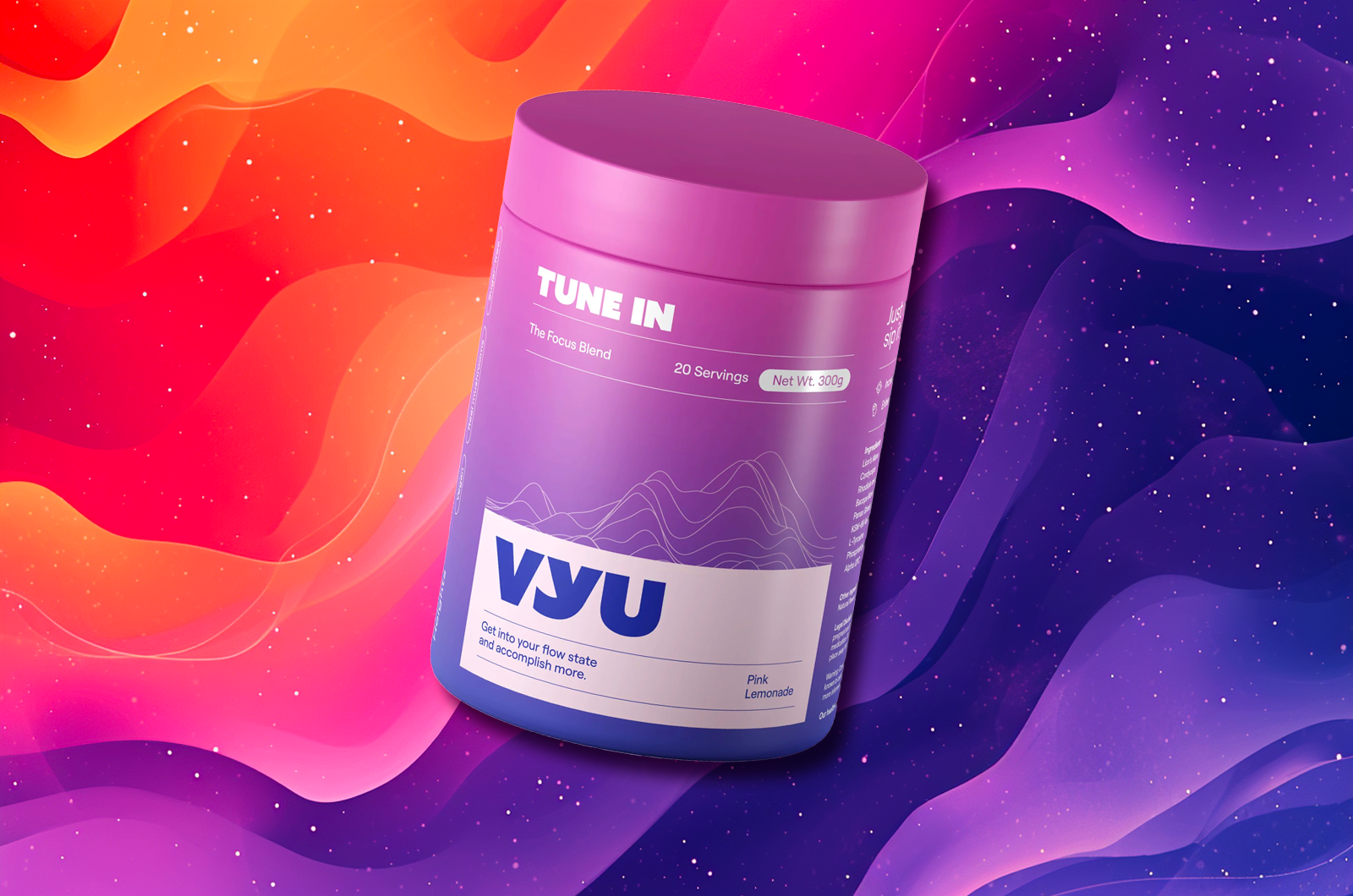 A container of VYU TUNE IN with Pink Lemonade flavor placed against a multicolored background