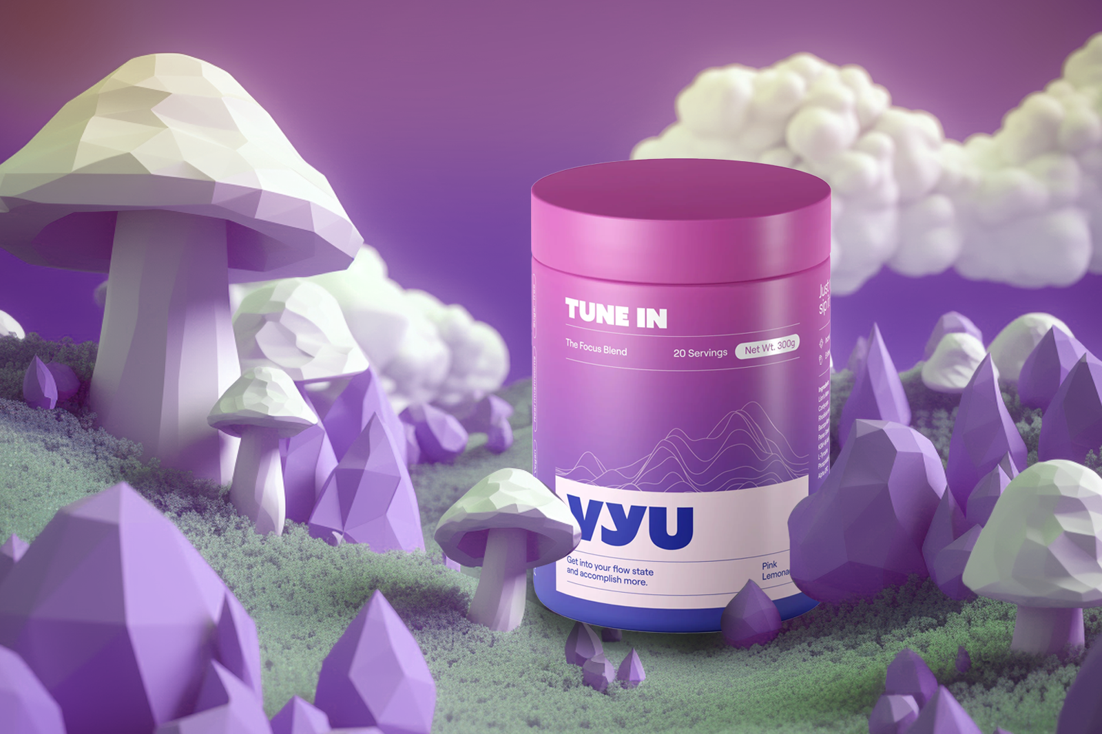 A container of VYU Tune In with Pink Lemonade flavor placed on a ground surrounded by white grass and mushrooms