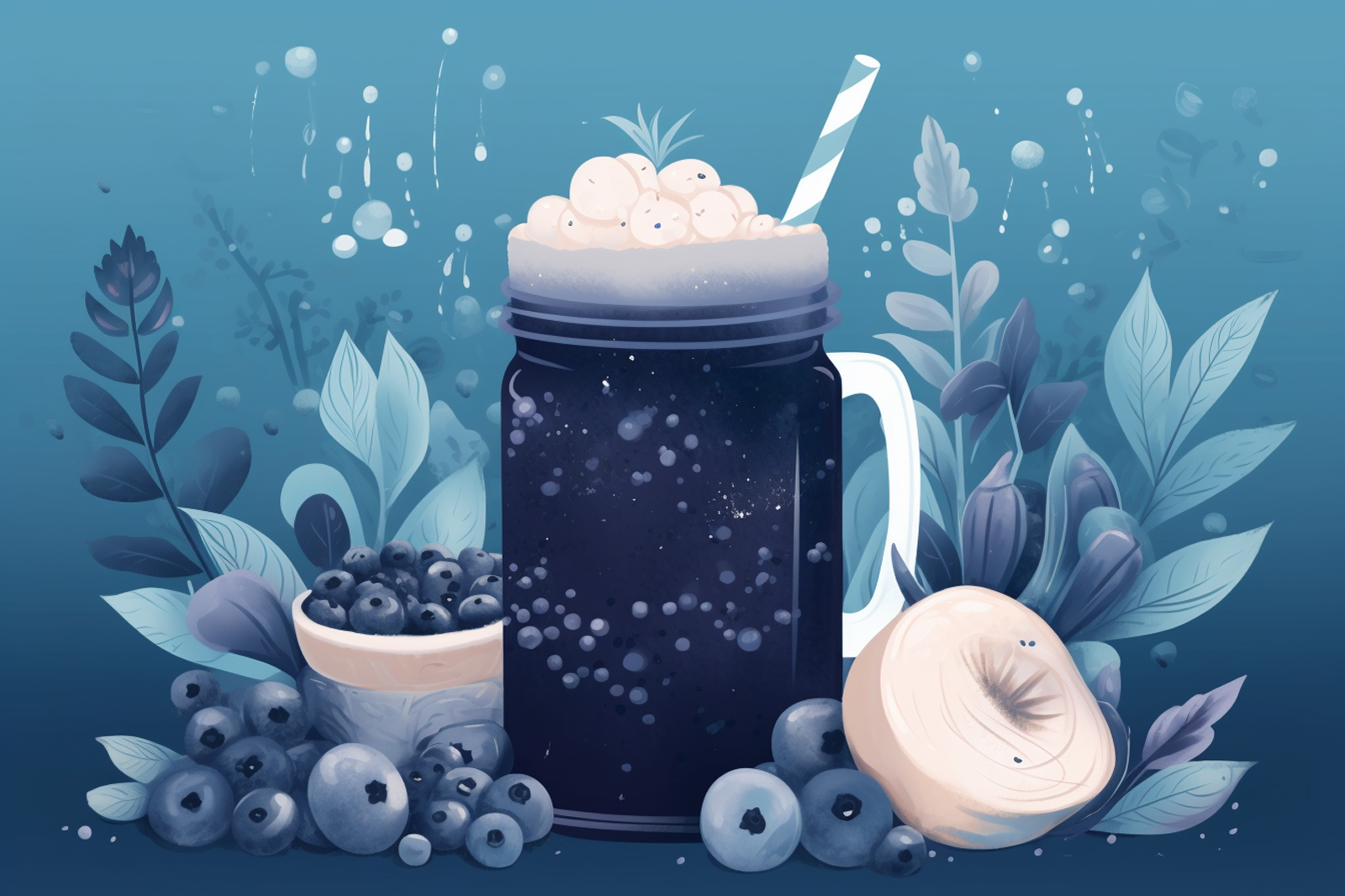 Illustration of a Blueberry Smoothie with blueberries and mushrooms beside it.