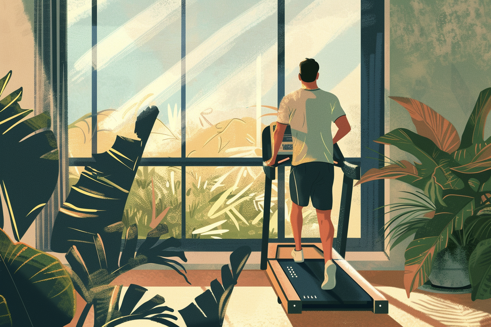 Illustration of a man running on a treadmill looking out the window.