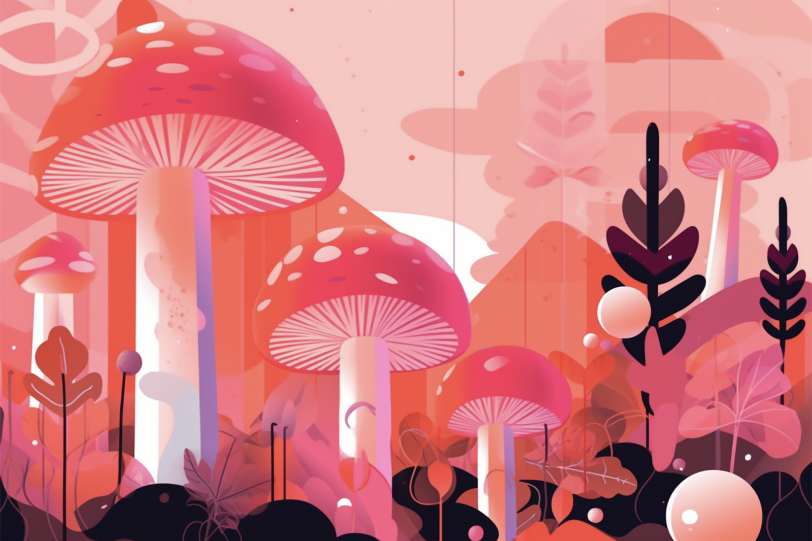 Enchanting pink mushroom amidst majestic mountains, with a vibrant tree and a delicate leaf