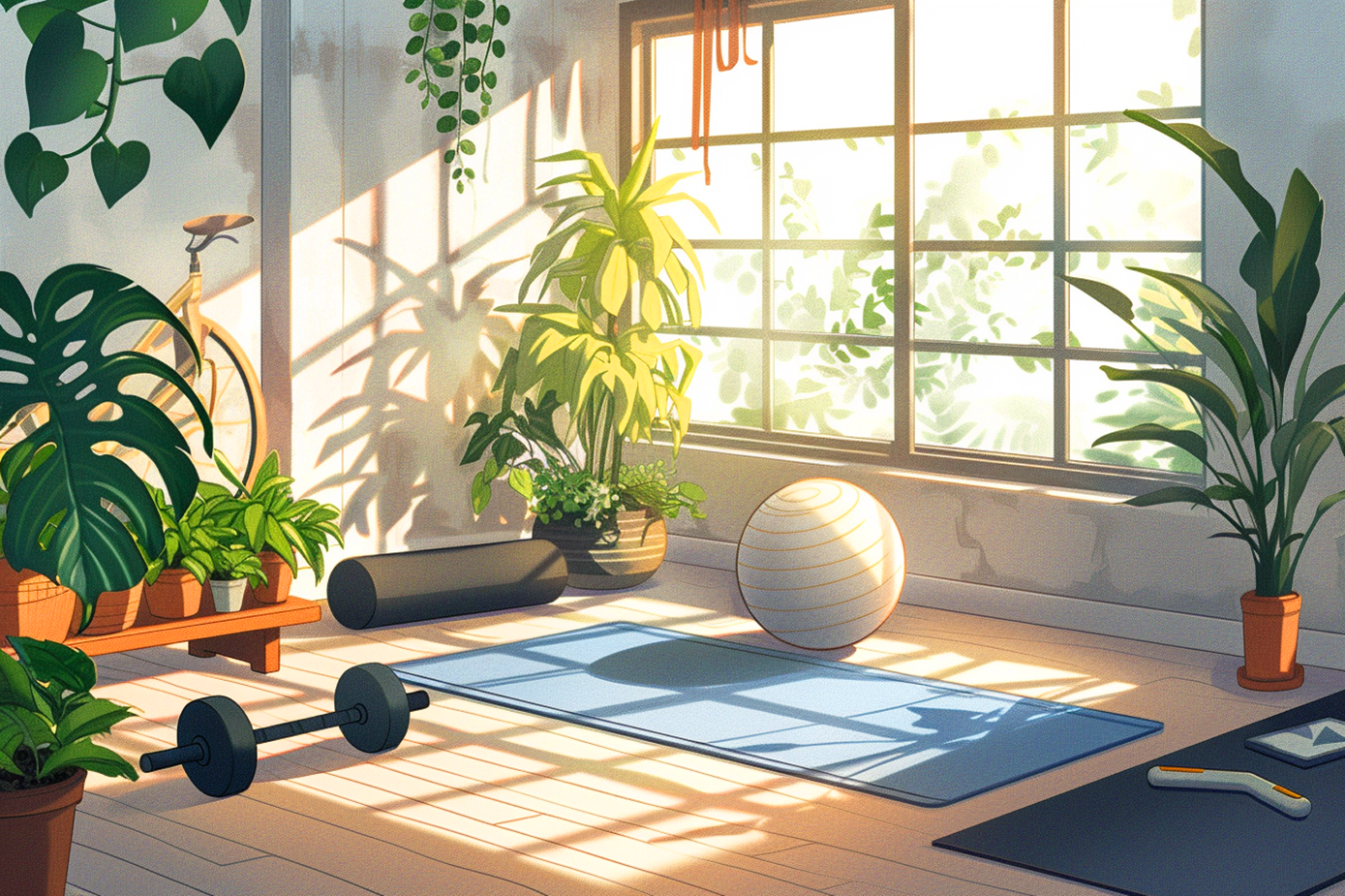 Illustration of an in-home workout spot with a yoga mat, dumbells and a ball.
