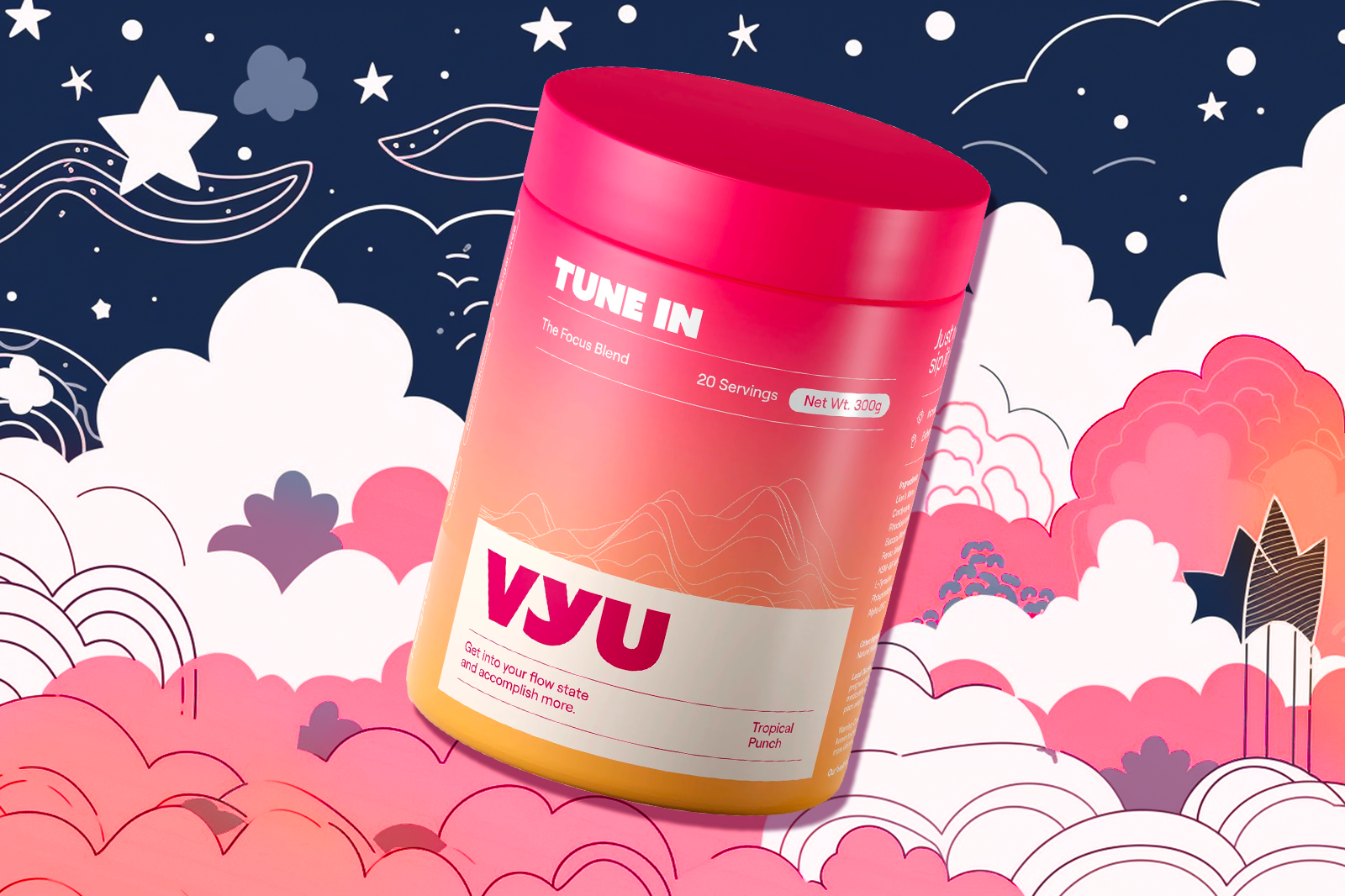 A 300gm pink colour VYU TUNE IN container with tropical punch flavor sits against a backdrop of white, pink and purple clouds, stars, and navy blue sky