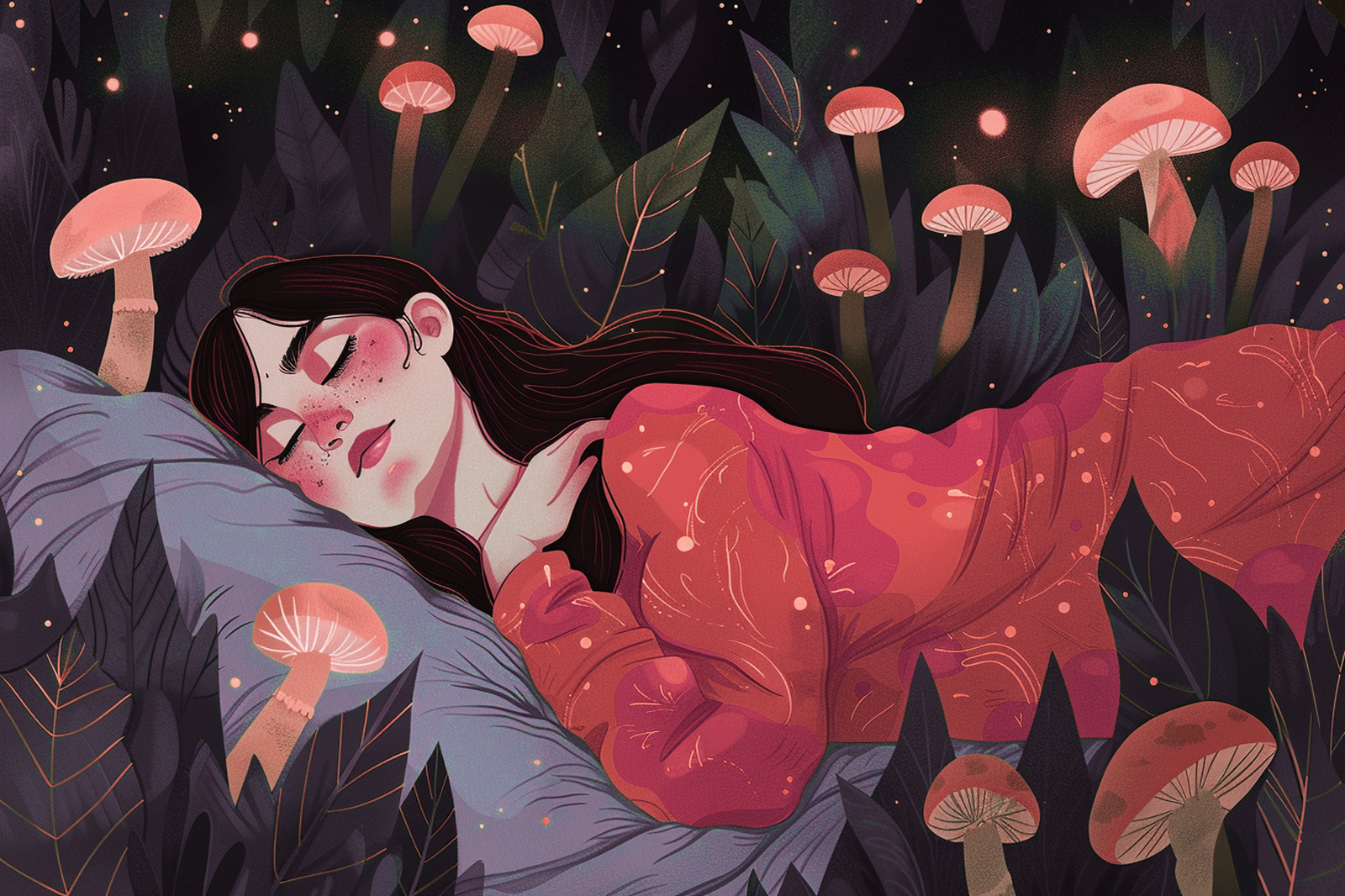 Woman dreaming of sleeping in jungle surrounded by floating pink mushrooms