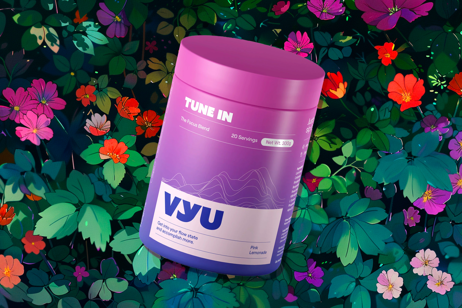 A VYU TUNE IN container in Pink Lemonade flavor against a backdrop of flowers and leaves