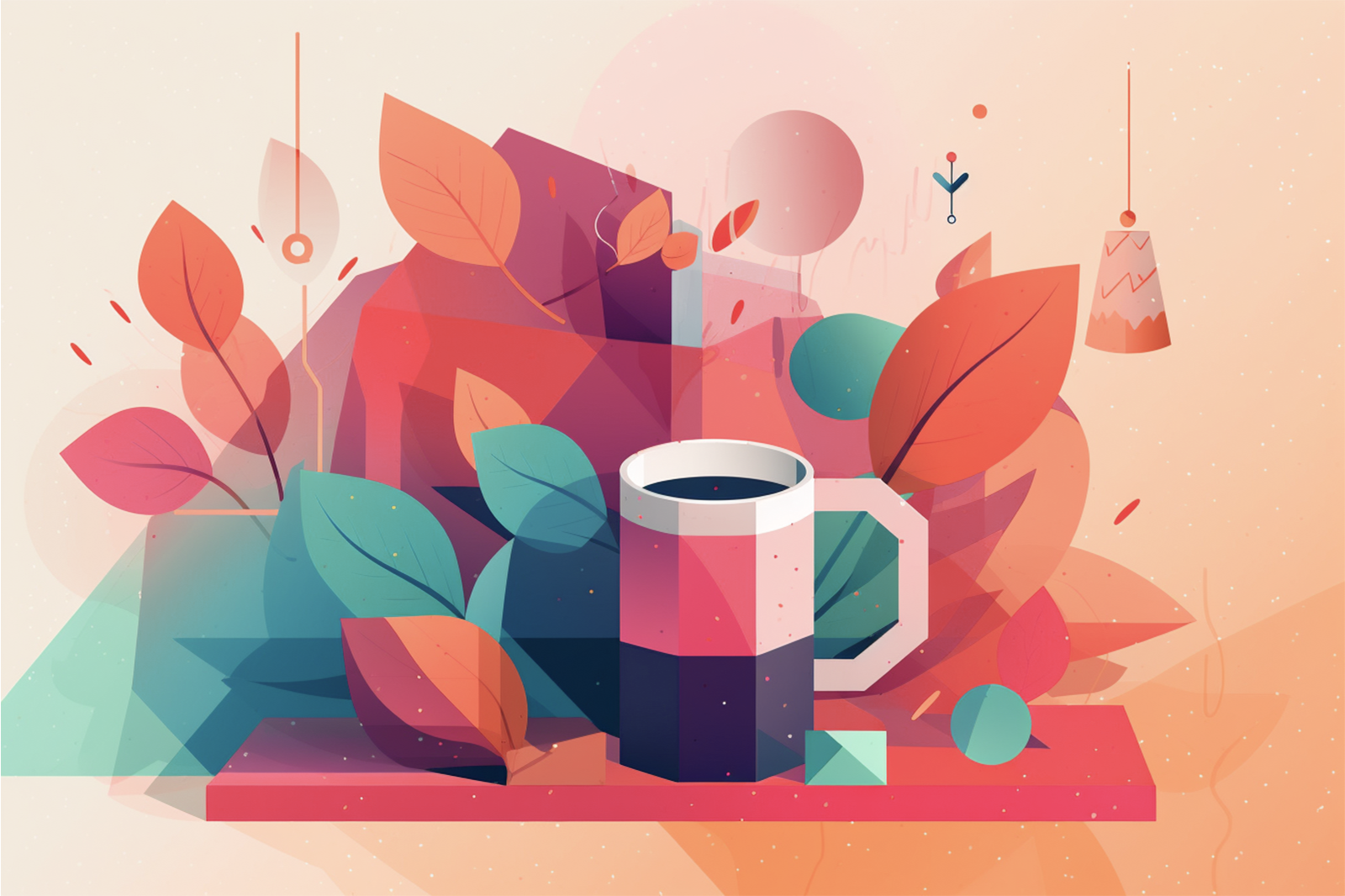 Vibrant multicolored coffee mug on red surface with coffee, surrounded by colorful leaves against light peach backdrop