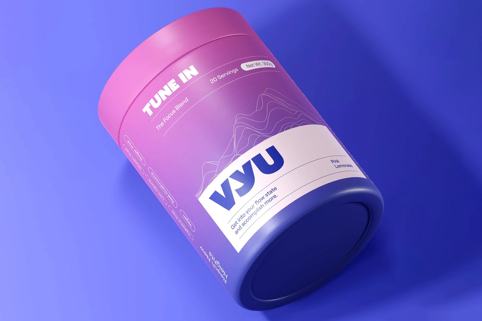 A bottle of 300mg VYU TUNE IN with Pink Lemonade flavor laid on a blue colored surface