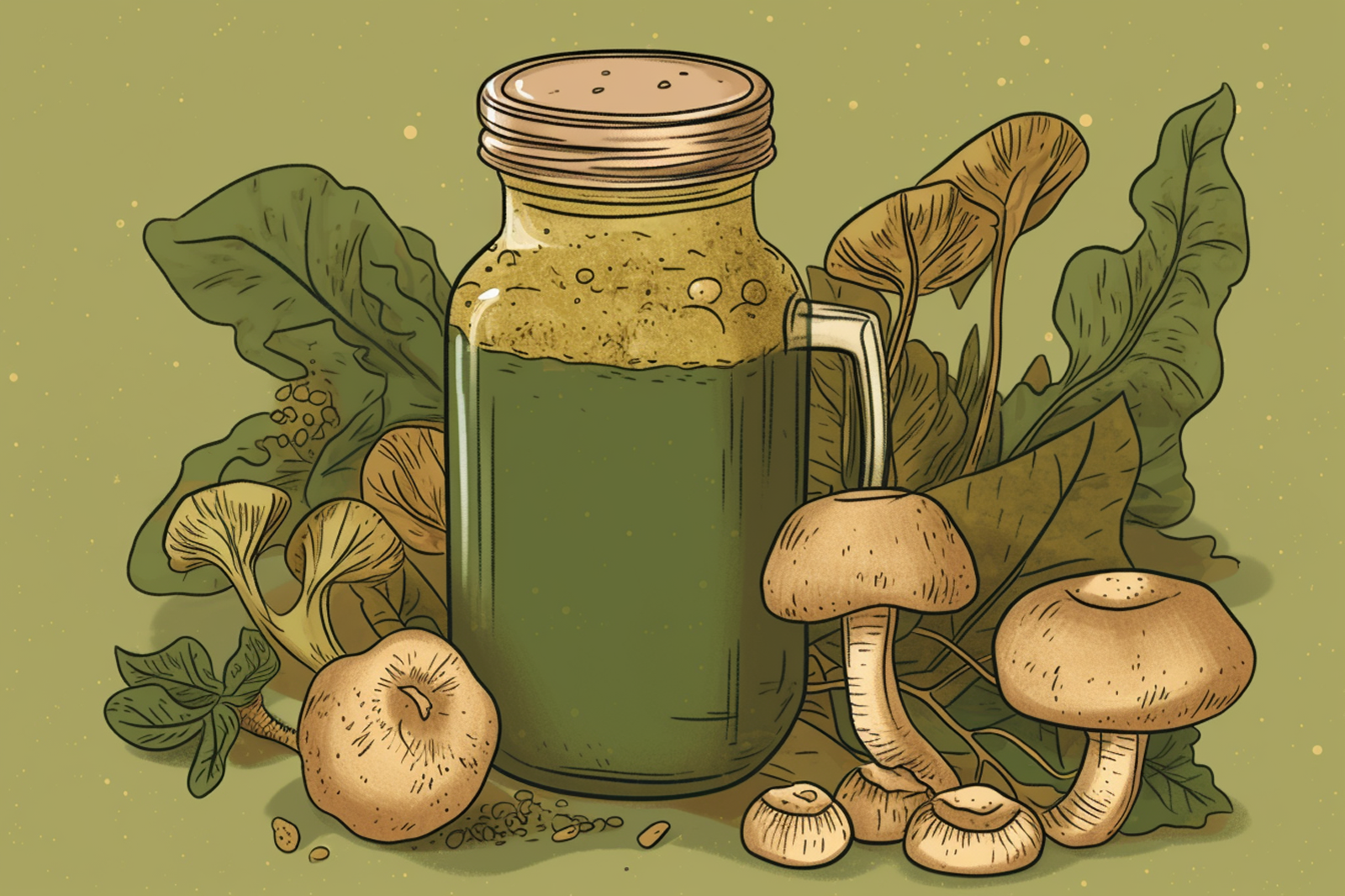 Illustration of a green smoothie with mushrooms and leaves next to it.
