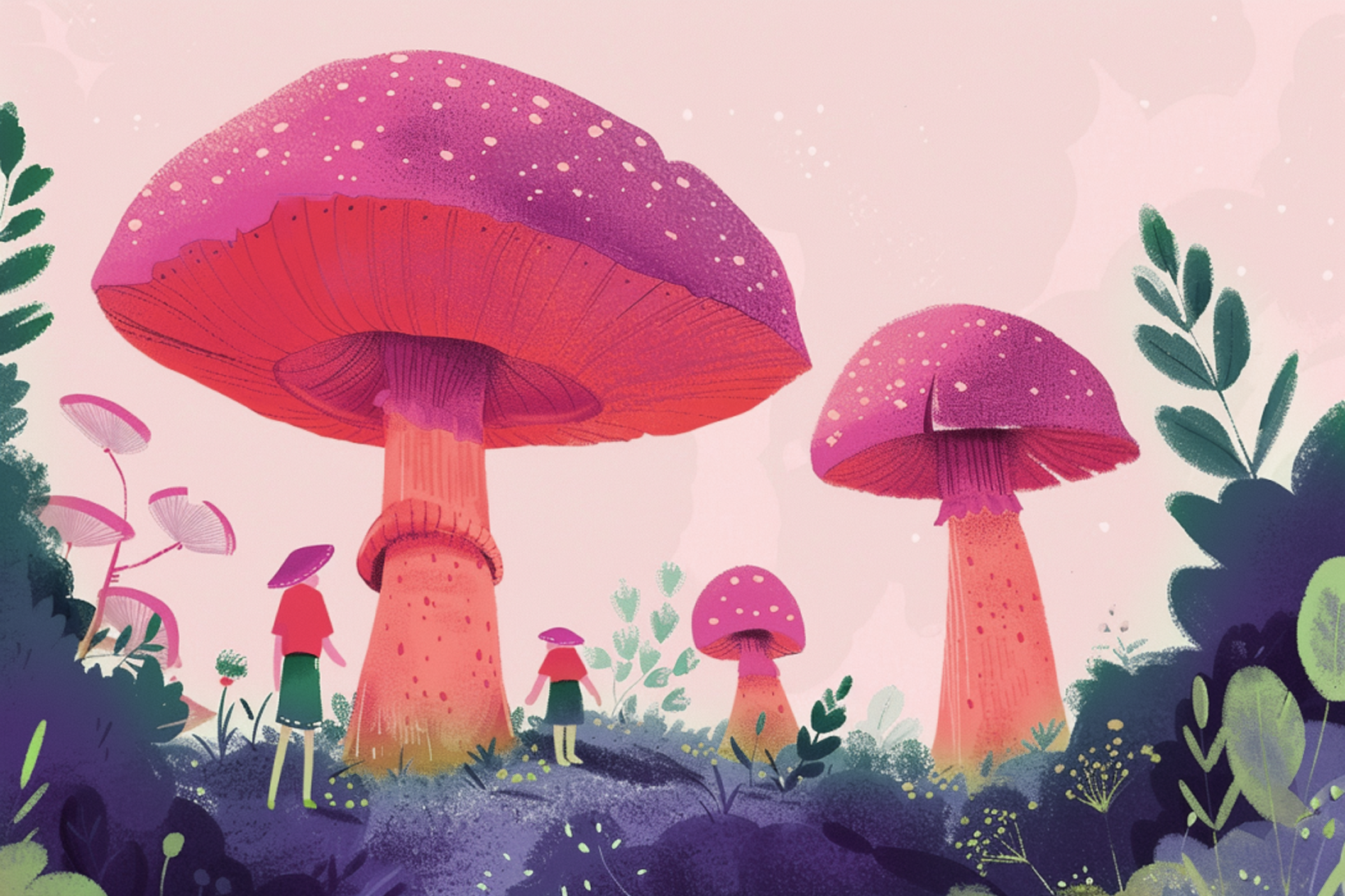 Two pink mushrooms amidst lush jungle, two women exploring