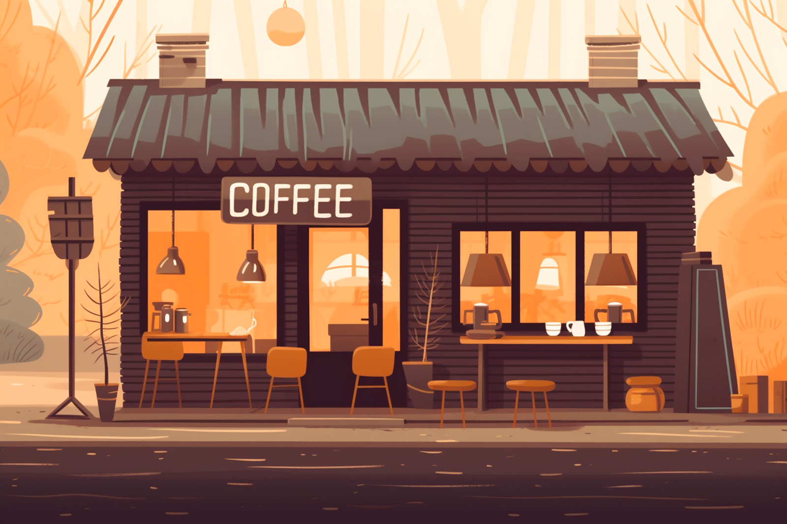Fantasy coffee shop with outdoor seating, chairs, tables, and a delightful coffee cup and plate on a table