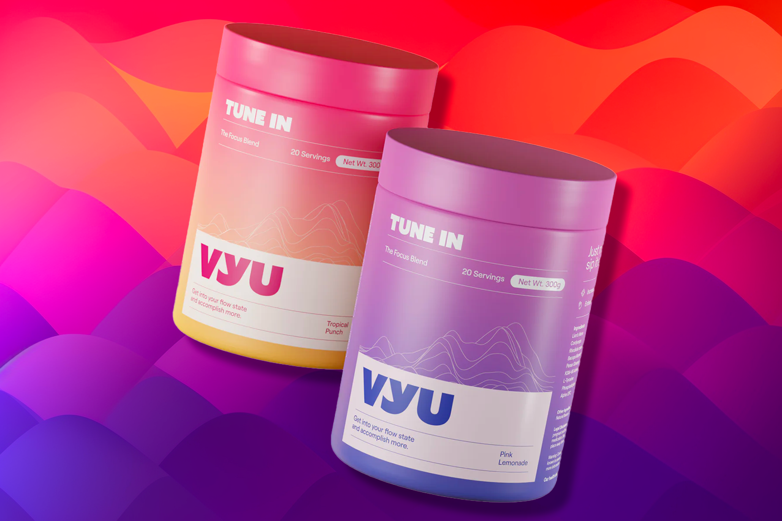 Two VYU 300g TUNE IN containers with Tropical Punch and Pink Lemonade flavors, placed against a multicolored background