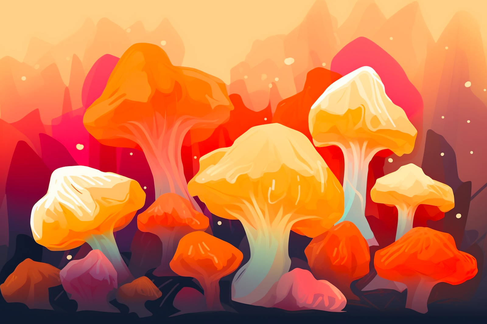 Colorful mushrooms painted on ground against orange background