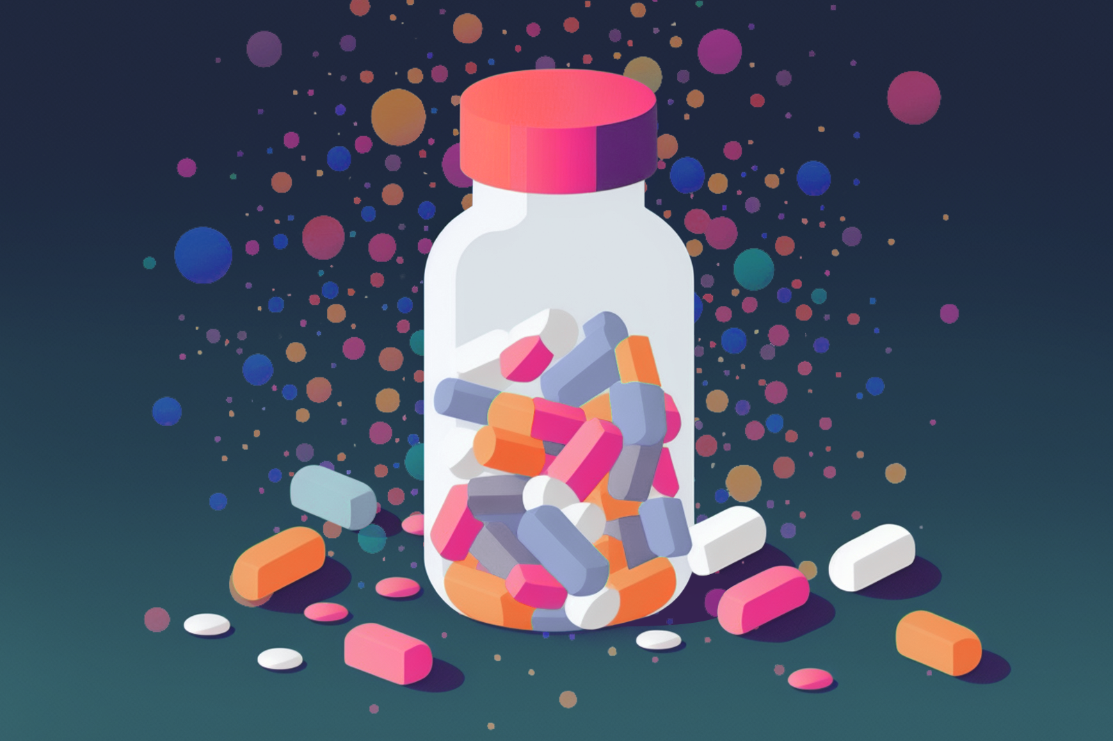 An illustrated prescription bottle filled with tablets with loose pills scattered on a blue surface against a dark blue background
