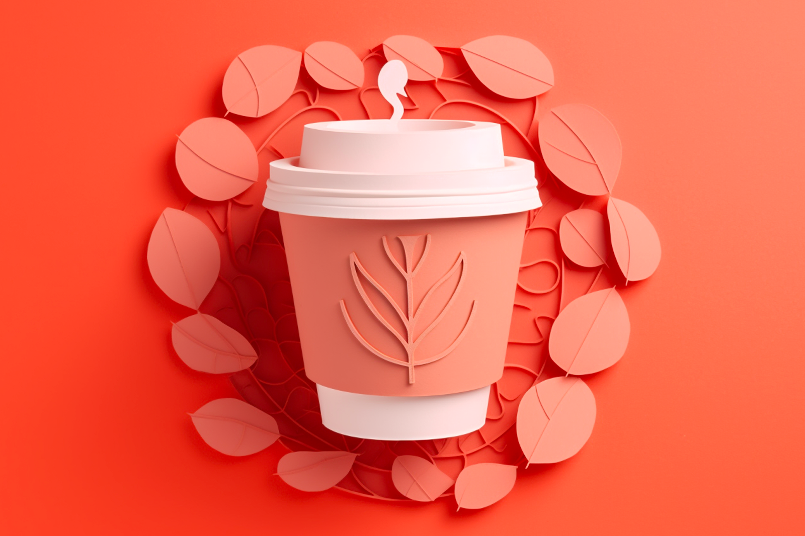 Small cup with white lid surrounded by red leaf on a vibrant red background