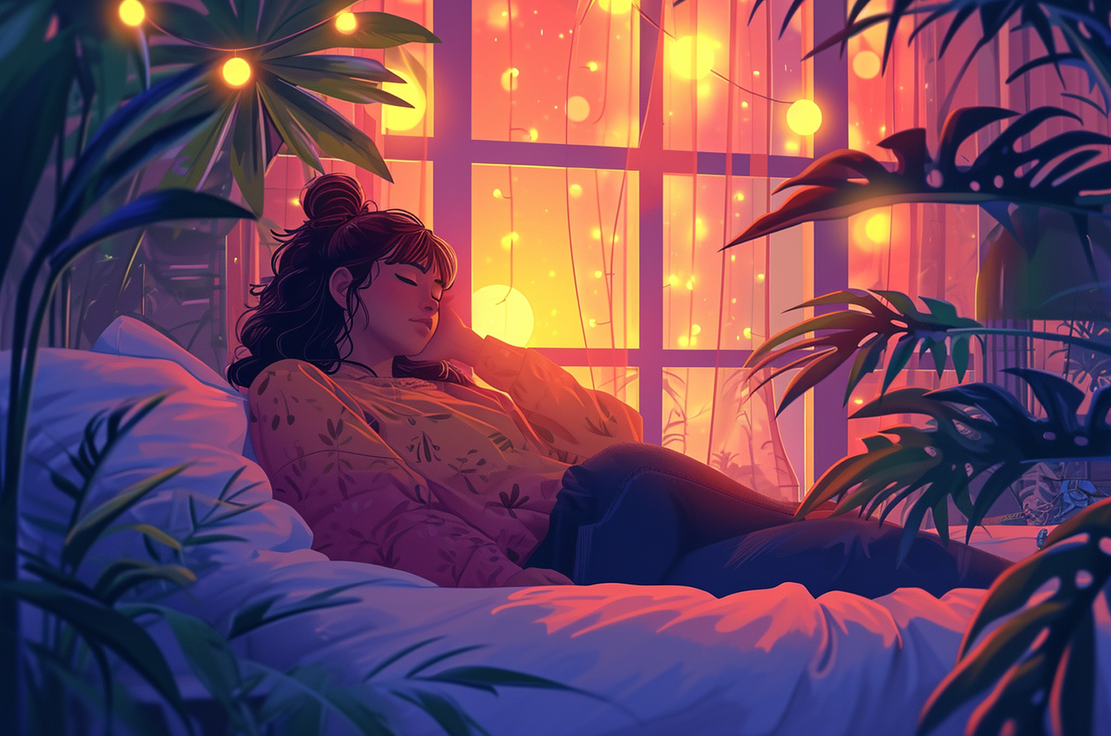 Illustration of a woman laying on her bed, relaxing qith lights outside her window.