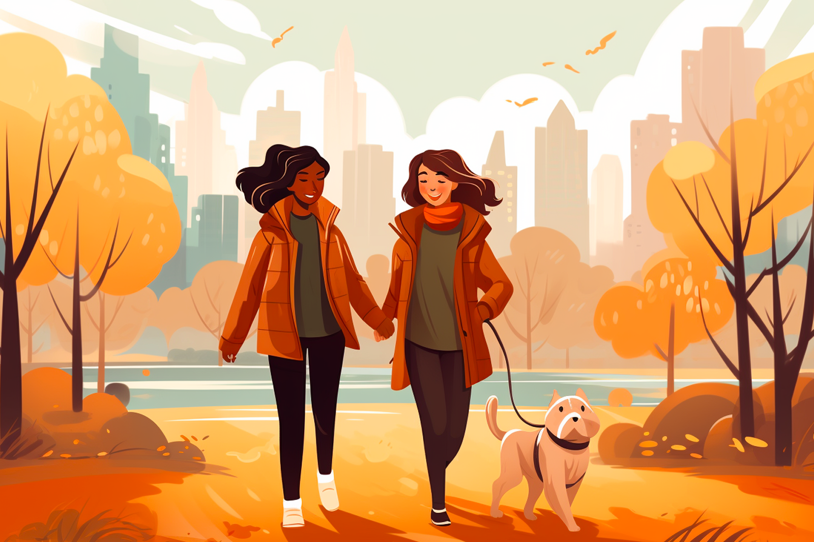 Two joyful women walk their pet dog along the road, surrounded by buildings and a river.