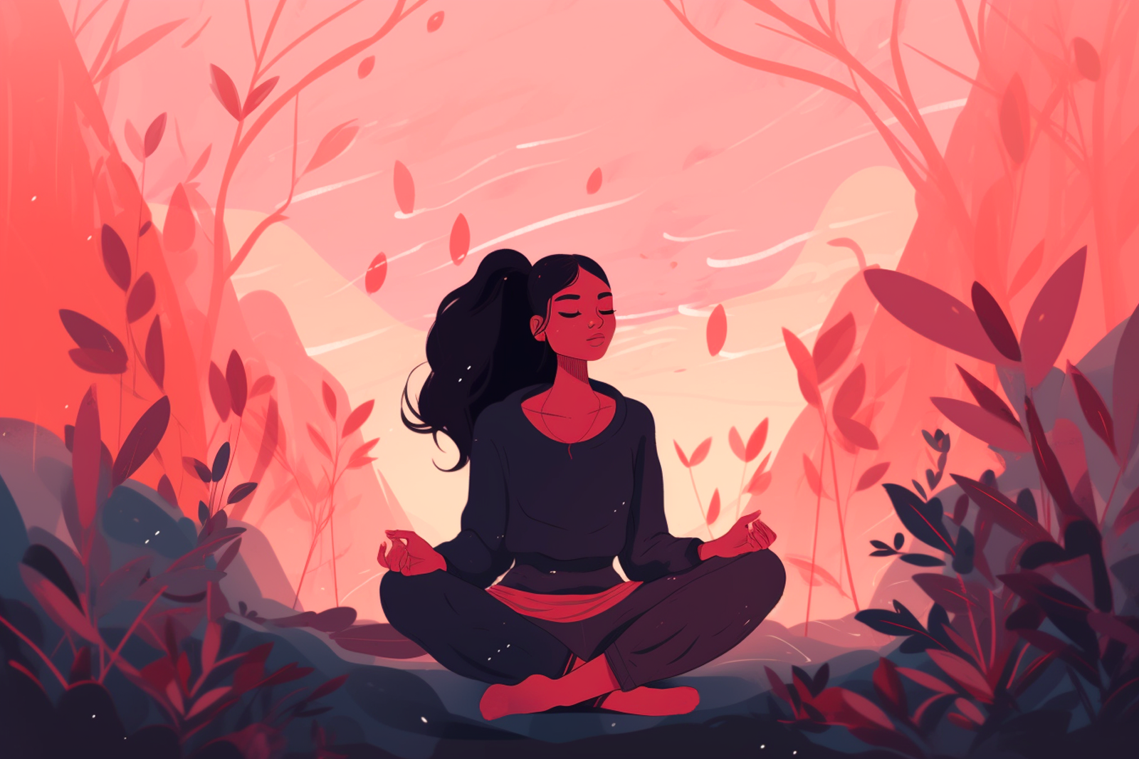 Serene woman meditating in a mountainous forest, embraced by nature's tranquility and the gentle rustle of leaves