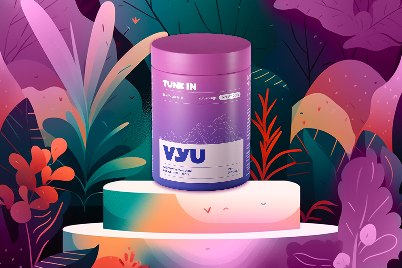 A container of VYU TUNE IN with Pink Lemonade flavor is placed against a forest backdrop
