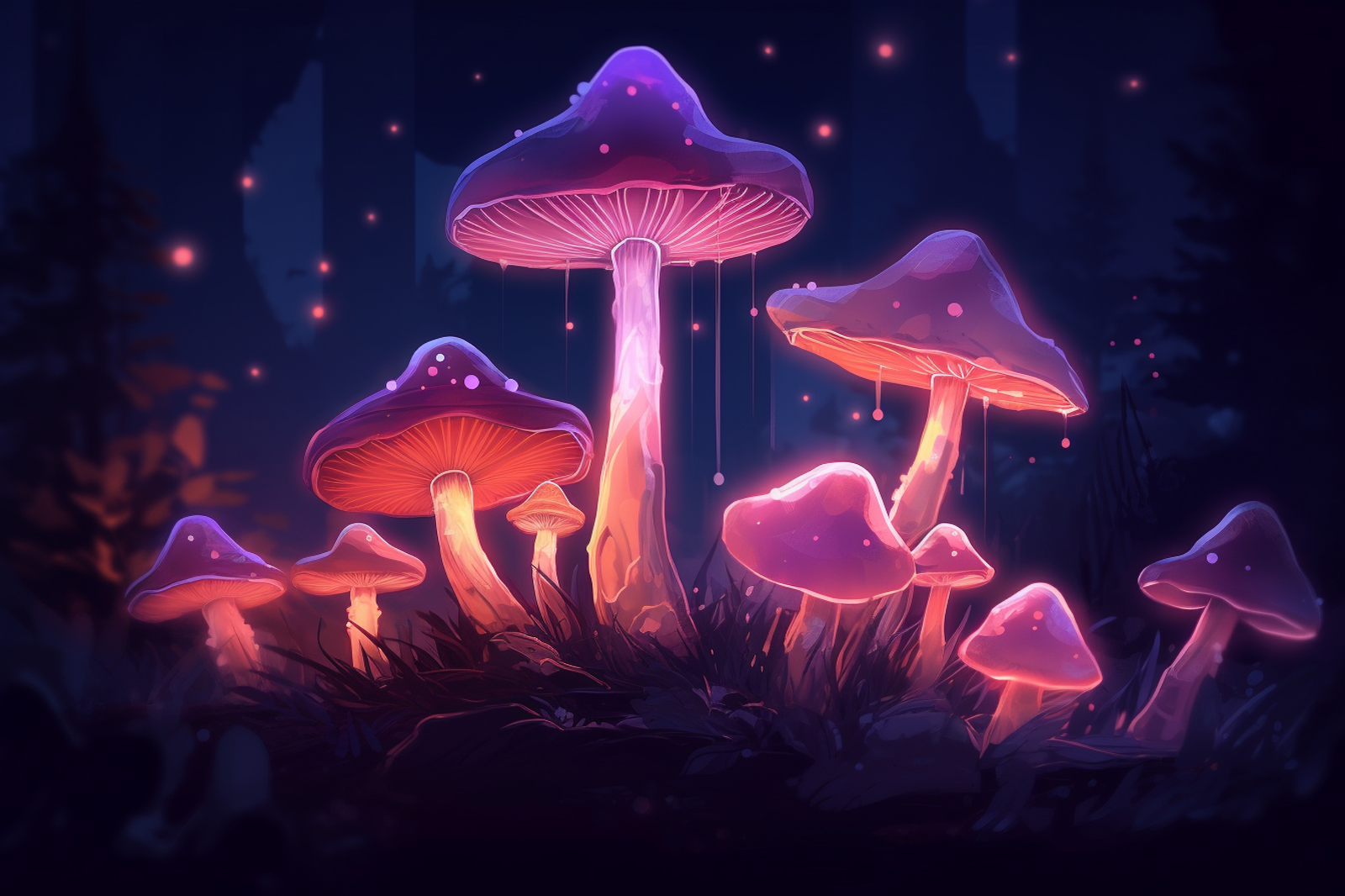 Glowing mushrooms of various sizes in a dark jungle, casting an enchanting reddish light