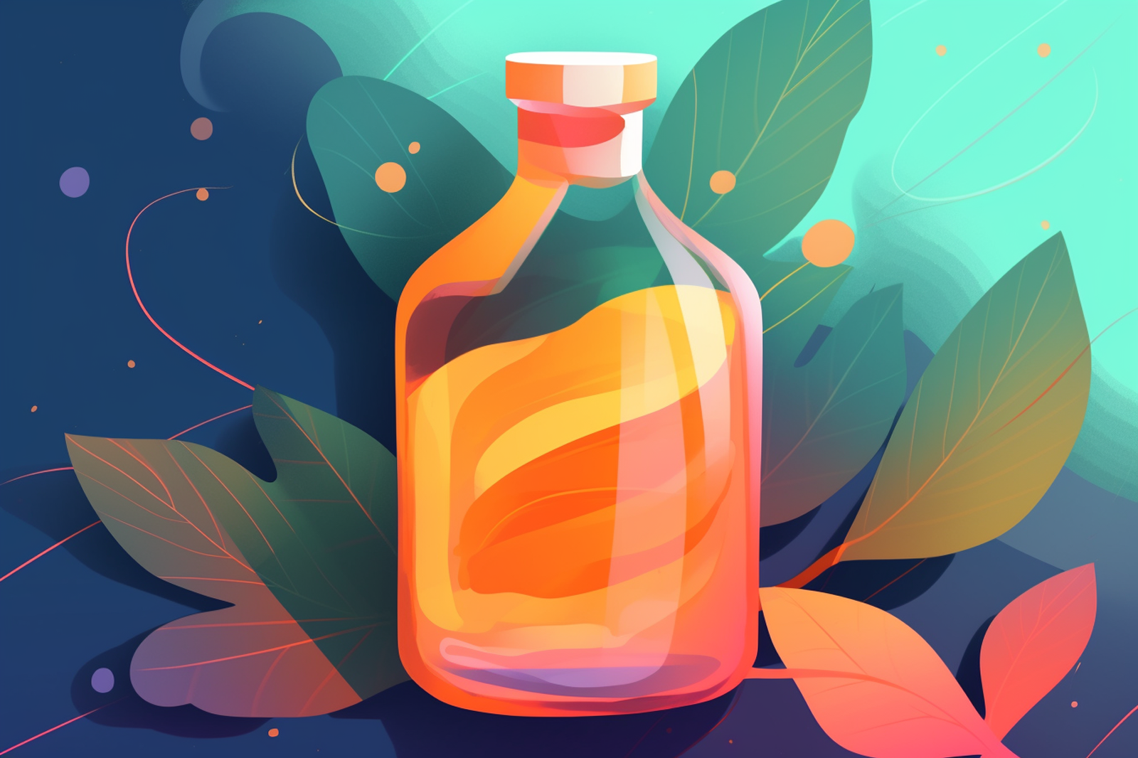Bottle of full MCT Oil against blue background with painted leaves