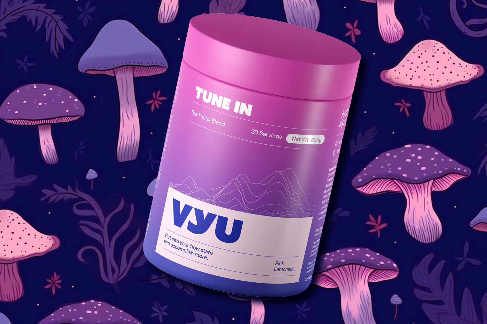 A container of VYU TUNE IN, featuring pink lemonade flavor, is positioned against a violet background adorned with painted mushrooms