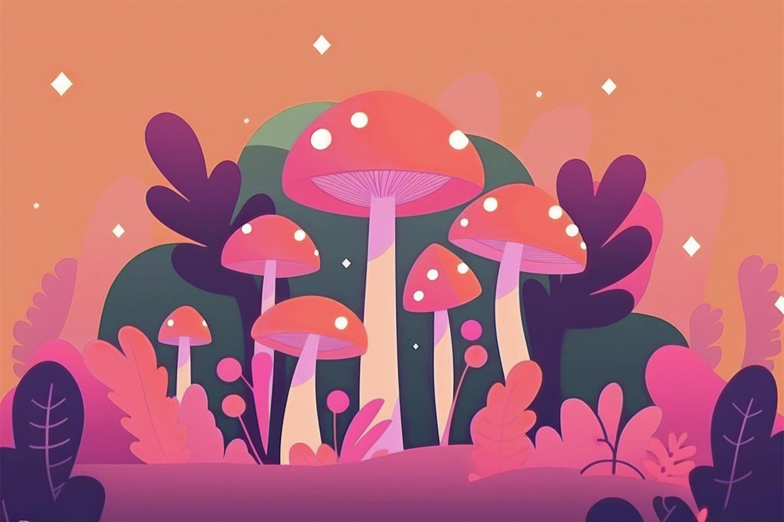 Vibrant mushrooms and trees in a fantastical forest with a towering green tree in the background, set against an orange sky