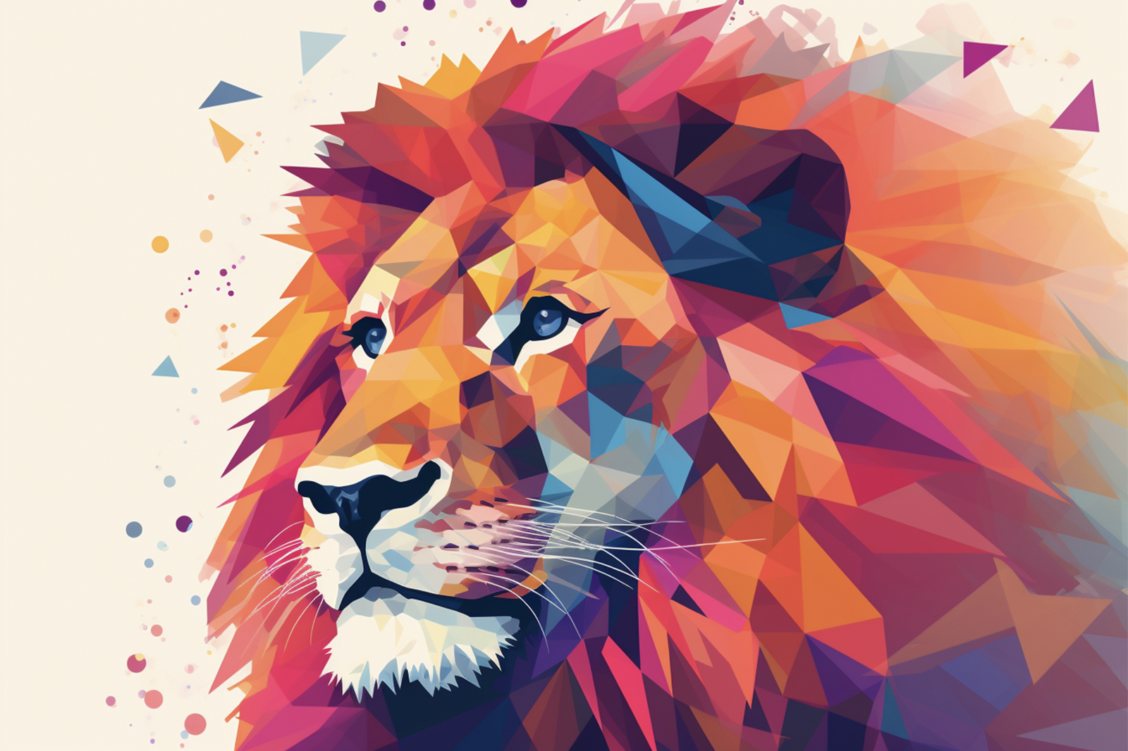 A vibrant and intricate geometric lion head composed of multiple colors, placed against a clean white background