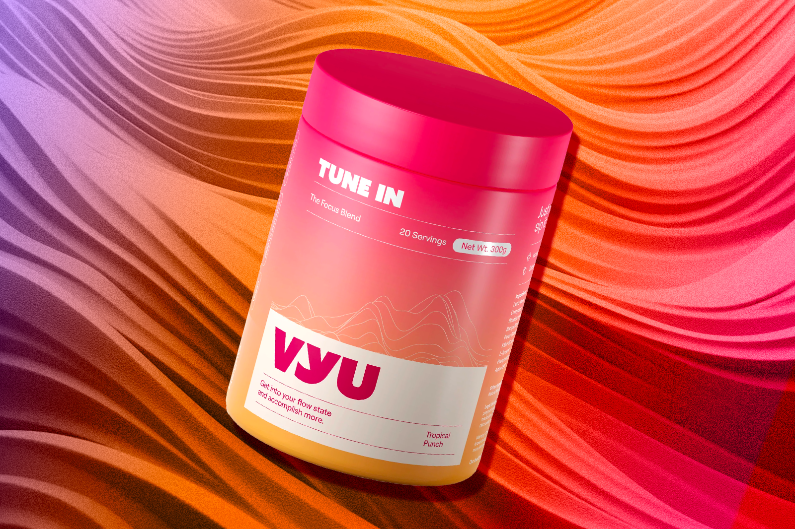 A container of VYU TUNE IN with Tropical Punch flavor is placed against a multicolored background