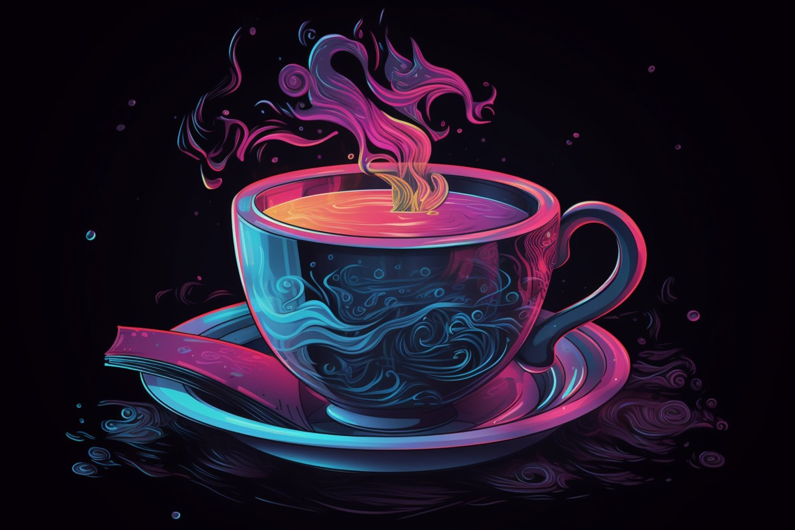 An attractive bluish cup with steaming hot drink on a black background