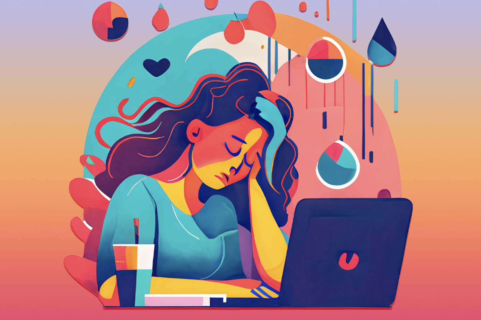 An illustrated woman looking stressed with her left hand on her forehead sitting in front of a laptop table 