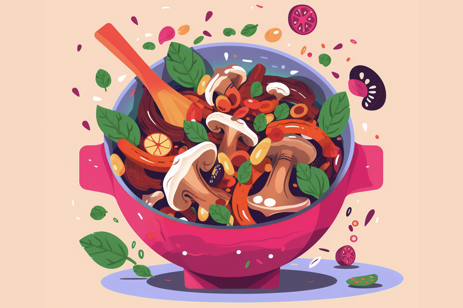 Illustrated spicy mushroom chili in a purple bowl with a spoon, set against a peach-colored background 