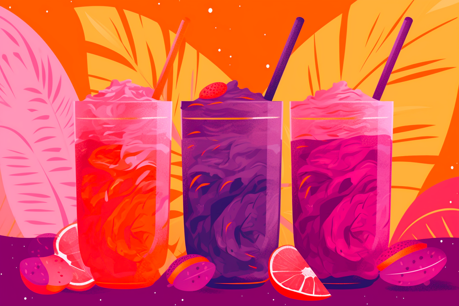 Illustration of 3 smoothies with fruit slices between them.