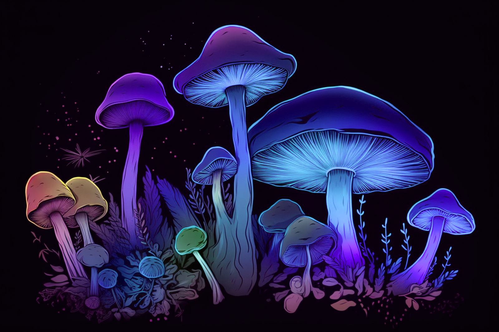 Vibrant multicolored mushrooms in a dark backdrop